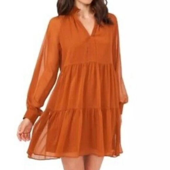 1 State - Burnt Orange Long Sleeve Chiffon Mock Neck 2 Tier Dress - Picture 1 of 5